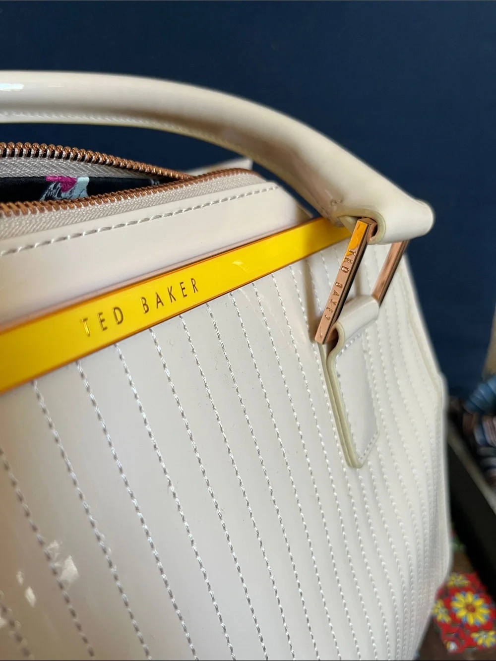Ted Baker Cream Patent Leather Satchel with Yellow Trim